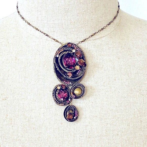Sorrelli Necklace Modernist Antiqued Gold Amethyst Topaz Crystal Autumn Colors - Picture 1 of 16